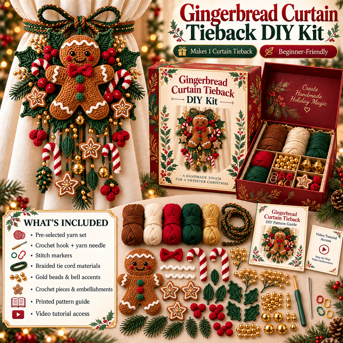 Christmas Crochet Curtain Tieback DIY Kits – Beginner-Friendly Holiday Craft Kits