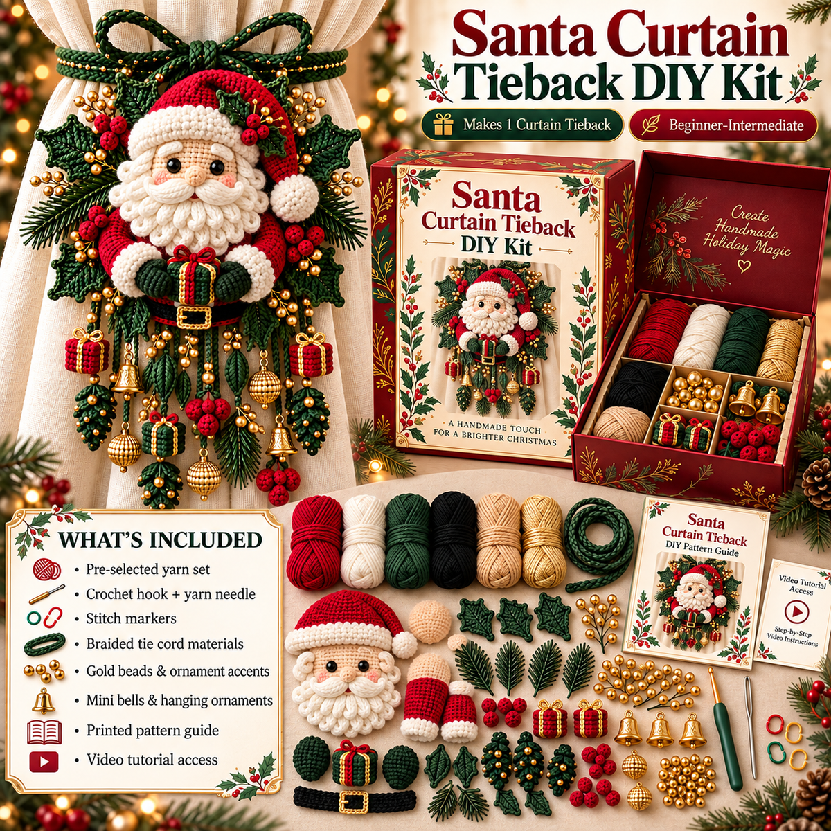 Christmas Crochet Curtain Tieback DIY Kits – Beginner-Friendly Holiday Craft Kits