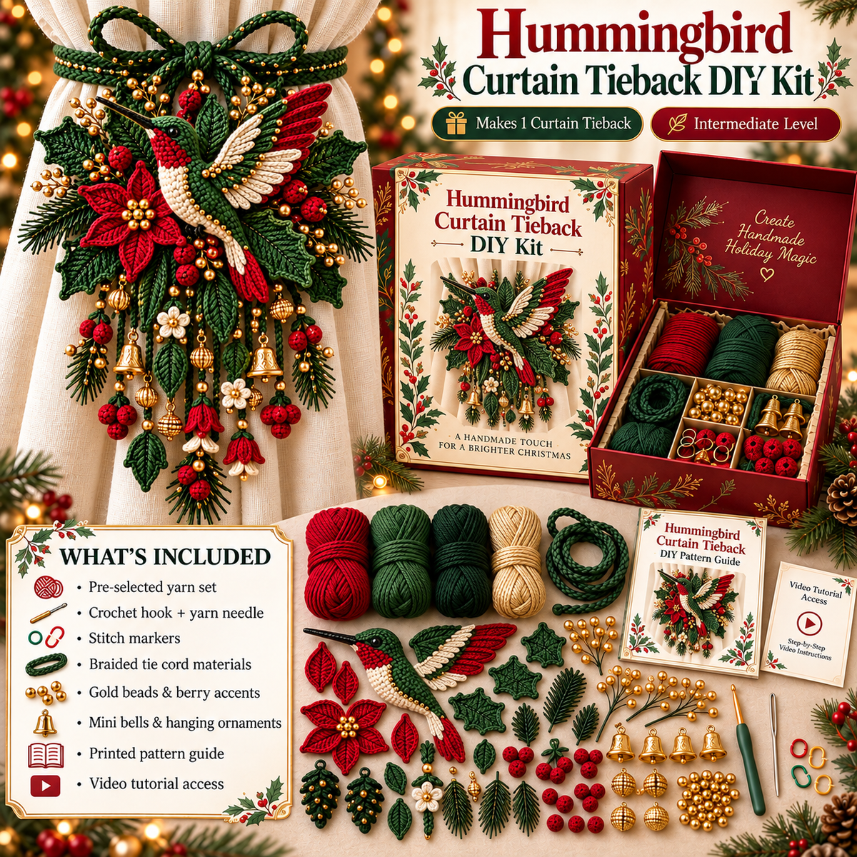 Christmas Crochet Curtain Tieback DIY Kits – Beginner-Friendly Holiday Craft Kits