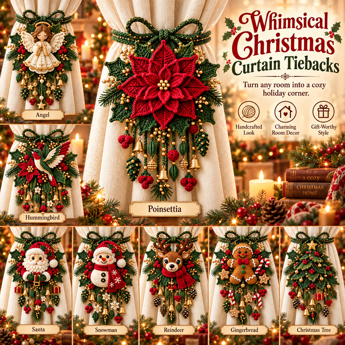 Christmas Crochet Curtain Tieback DIY Kits – Beginner-Friendly Holiday Craft Kits