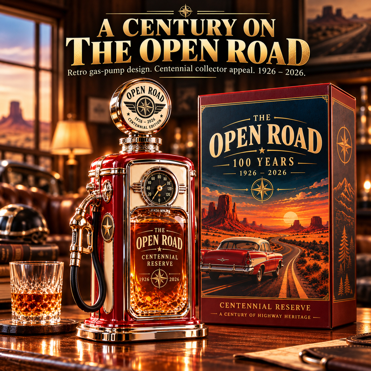 Open Road Centennial Reserve vintage gas pump decanter and commemorative box