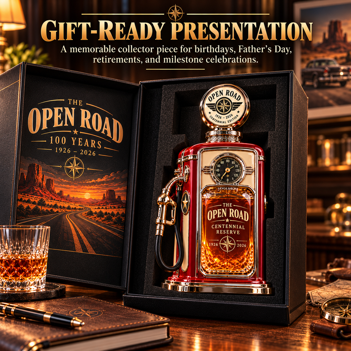 Open Road Centennial Edition vintage gas pump decanter with feature highlights