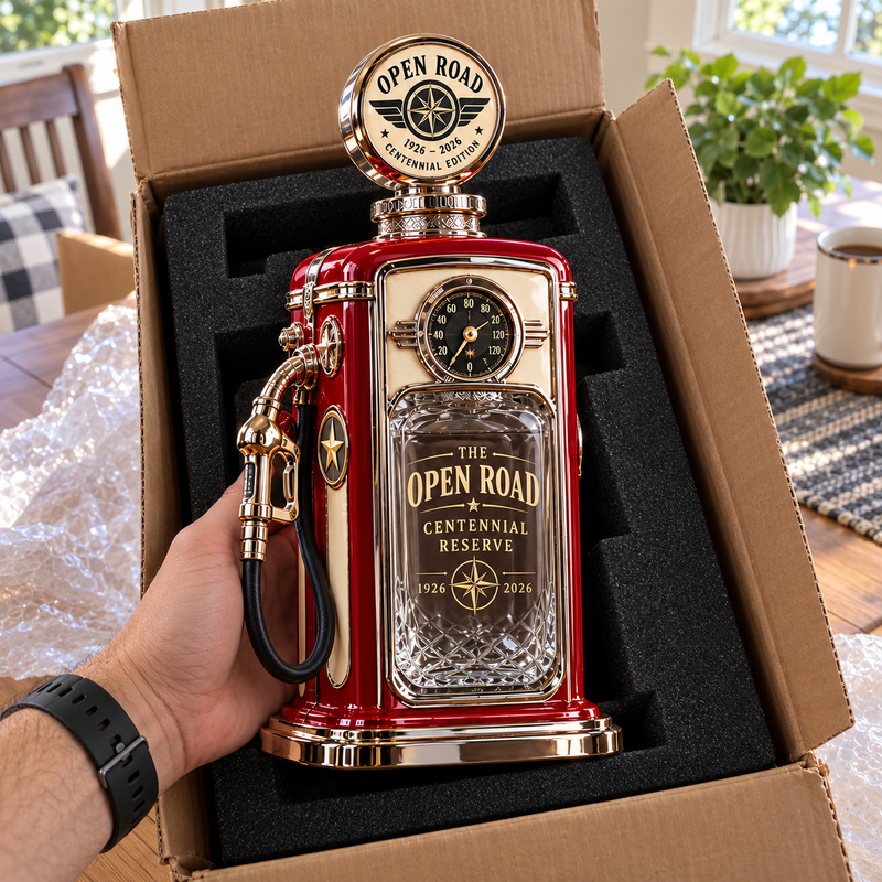 Hand holding retro gas pump decanter with amber liquid partially filling the clear chamber