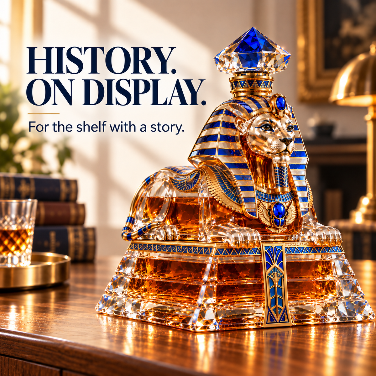 Sphinx decanter displayed in a warm home setting