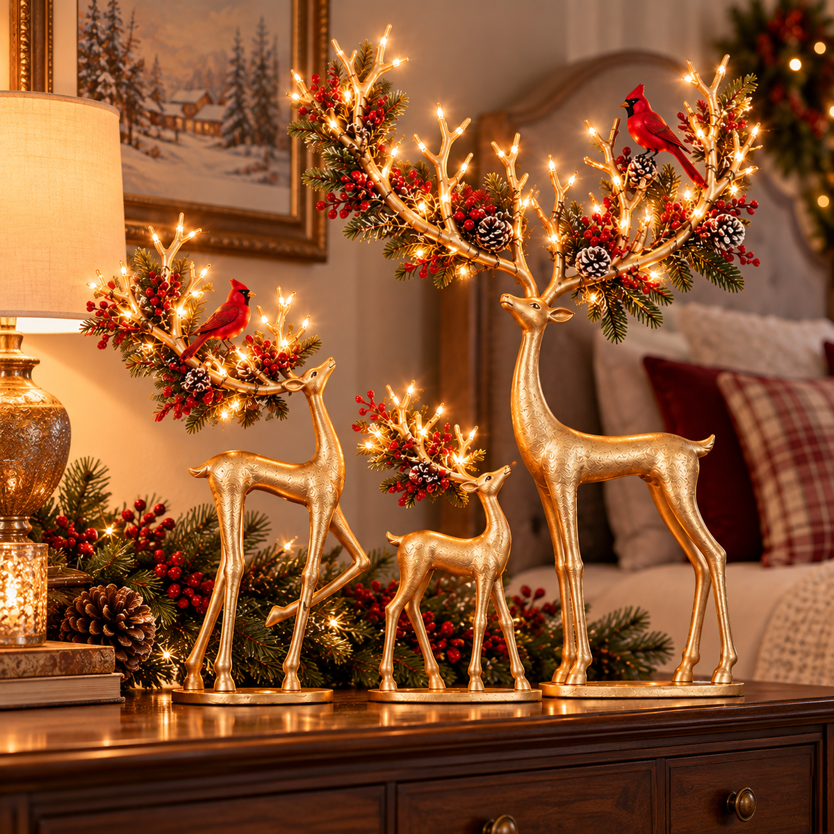 Gold Christmas reindeer trio in a festive home setting