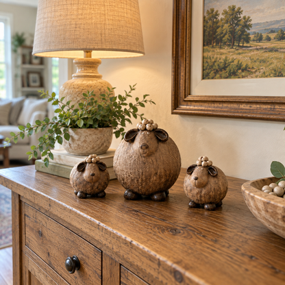 Little Woolly Family™ – Whimsical Rustic Sheep Figurines, Set of 3