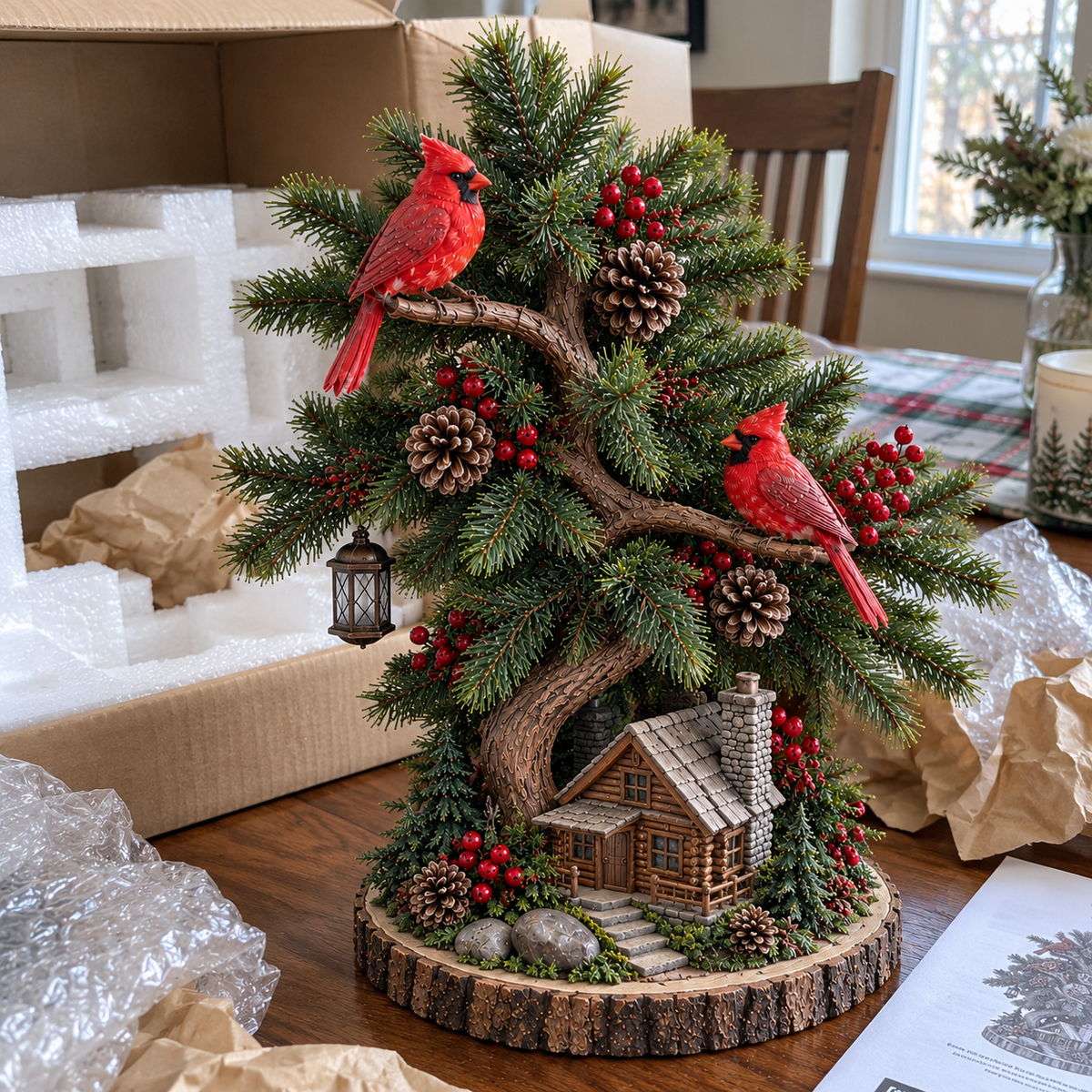 🎄❤️ Cardinal’s Christmas Homecoming™ – Lighted Tabletop Christmas Tree with Red Cardinals & Cozy Cabin