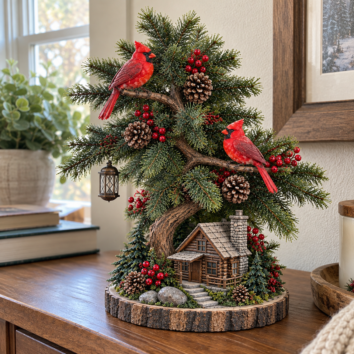 🎄❤️ Cardinal’s Christmas Homecoming™ – Lighted Tabletop Christmas Tree with Red Cardinals & Cozy Cabin