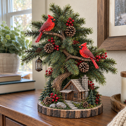🎄❤️ Cardinal’s Christmas Homecoming™ – Lighted Tabletop Christmas Tree with Red Cardinals & Cozy Cabin