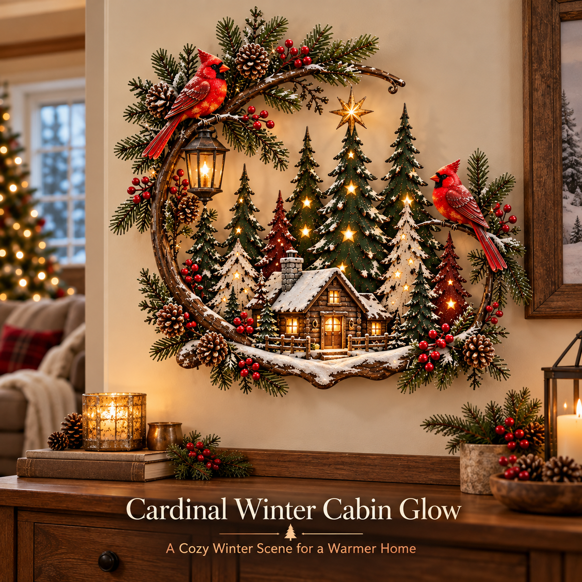 🎄❤️ Cardinal Winter Haven™ – Lighted Christmas Cabin Wreath Wall Decor ✨