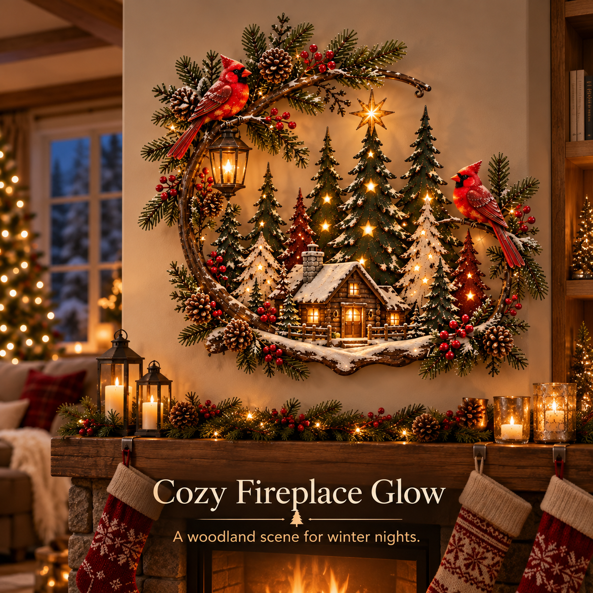 Christmas cardinal winter cabin wall decor above a decorated fireplace