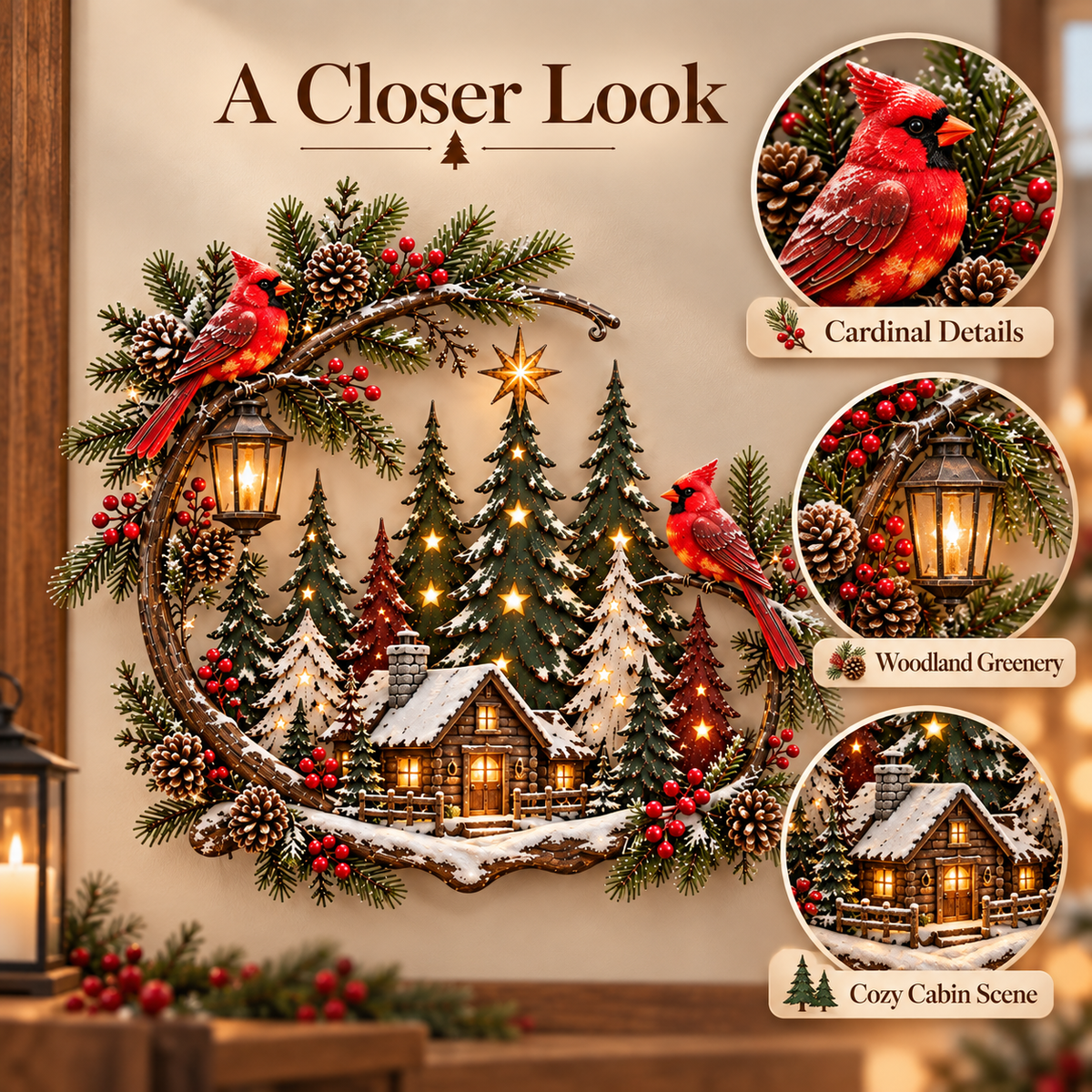 Detailed red cardinal birds snow covered pine trees and illuminated log cabin