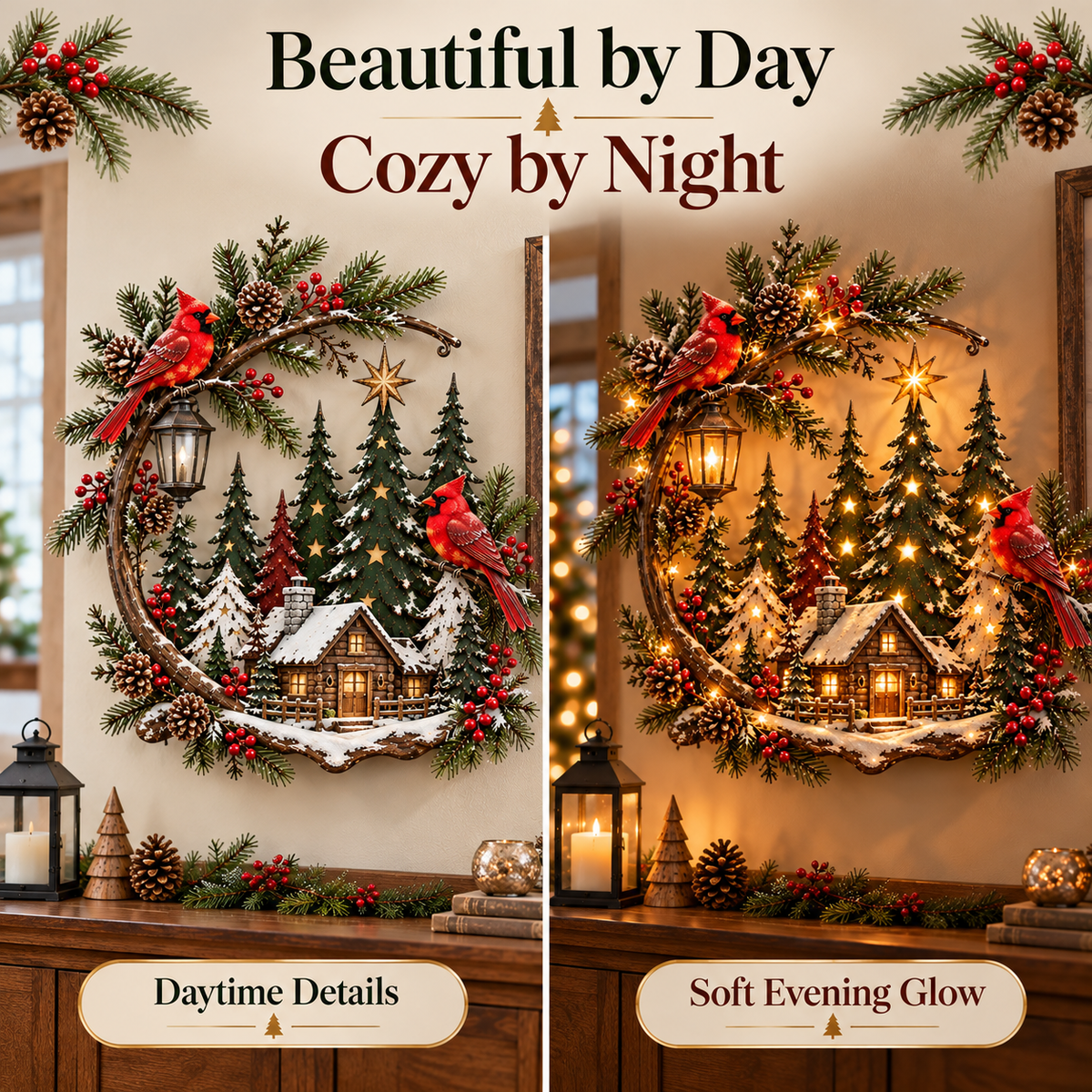 🎄❤️ Cardinal Winter Haven™ – Lighted Christmas Cabin Wreath Wall Decor ✨