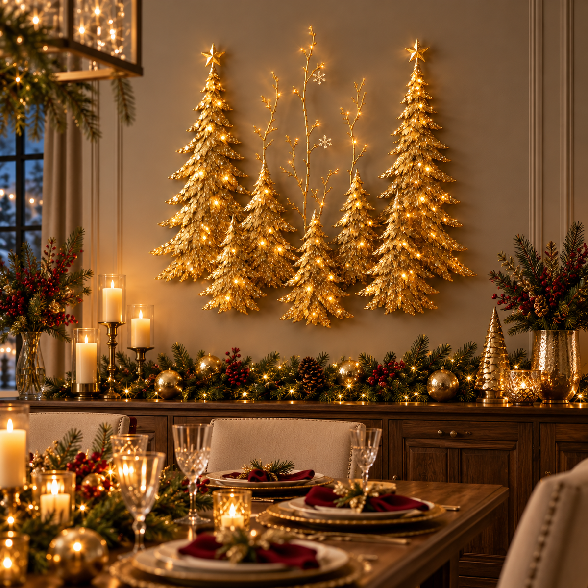 Lighted golden forest wall decoration above a Christmas dining table