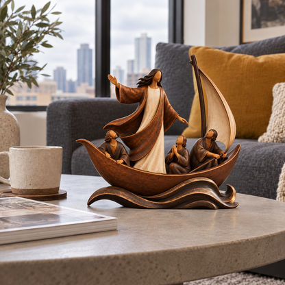 ✝️⛵ Faith Over Fear™ – Jesus Calming the Storm Sailboat Sculpture ❤️