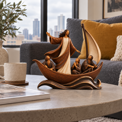 ✝️⛵ Faith Over Fear™ – Jesus Calming the Storm Sailboat Sculpture ❤️