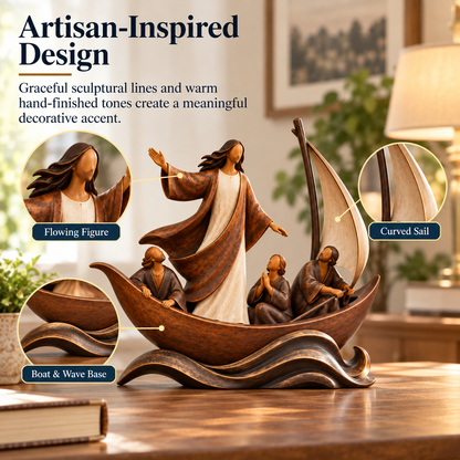 ✝️⛵ Faith Over Fear™ – Jesus Calming the Storm Sailboat Sculpture ❤️