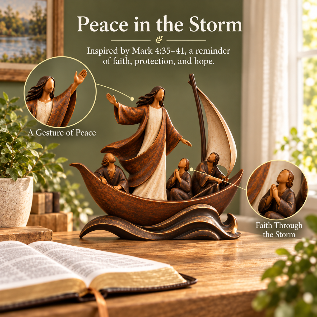 Jesus and disciples in a boat inspired by the account of calming the storm