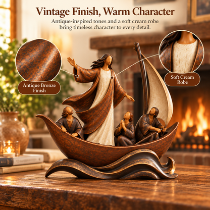 ✝️⛵ Faith Over Fear™ – Jesus Calming the Storm Sailboat Sculpture ❤️