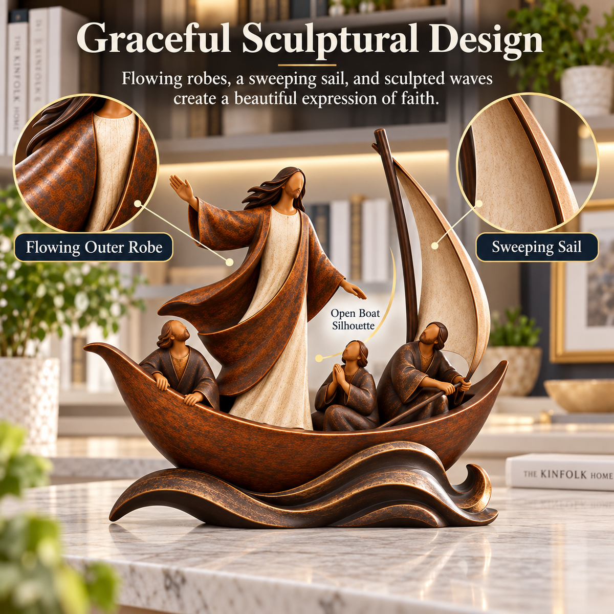 Detailed figures, boat, sail and wave forms in the Peace in the Storm sculpture