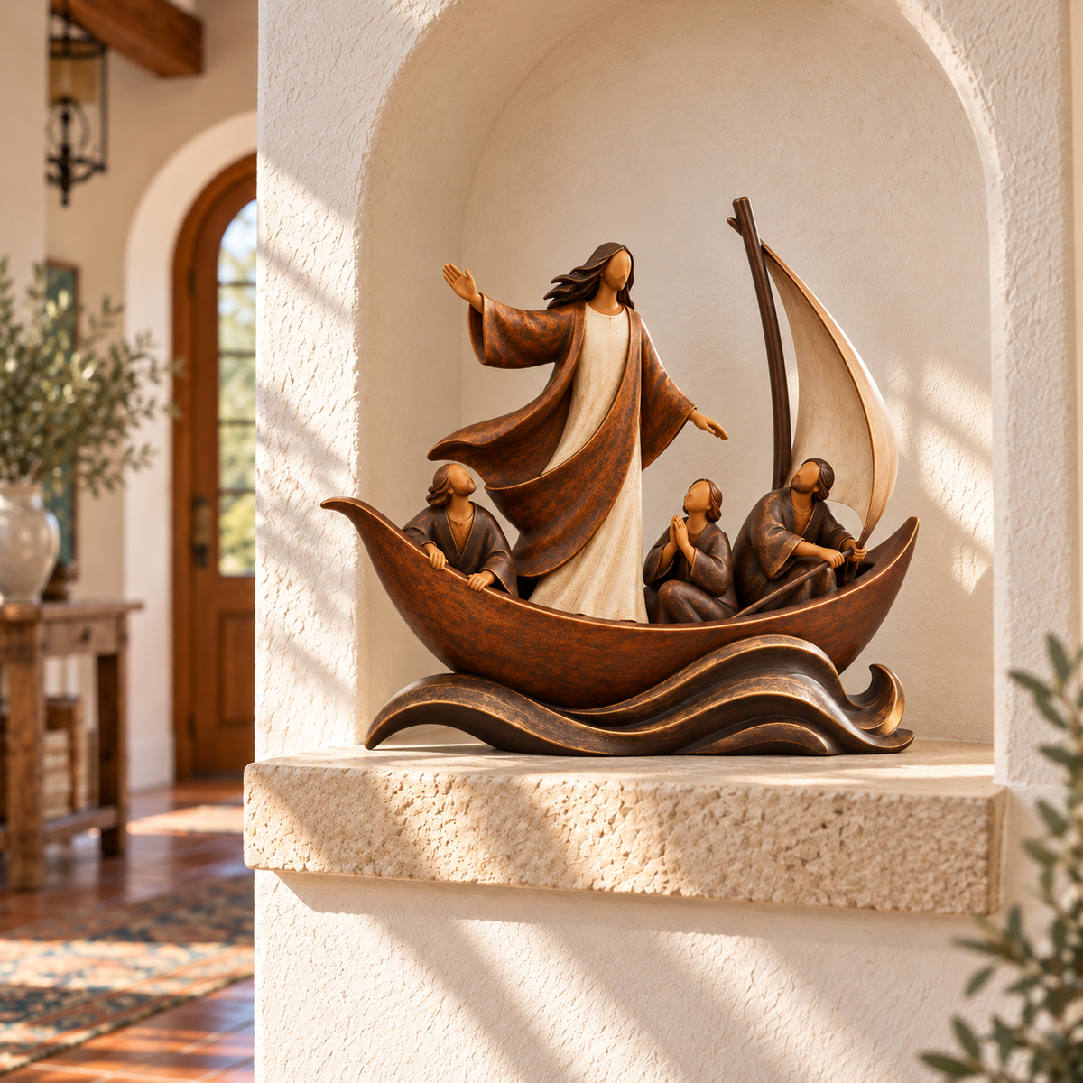 ✝️⛵ Faith Over Fear™ – Jesus Calming the Storm Sailboat Sculpture ❤️