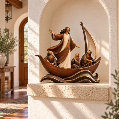 ✝️⛵ Faith Over Fear™ – Jesus Calming the Storm Sailboat Sculpture ❤️