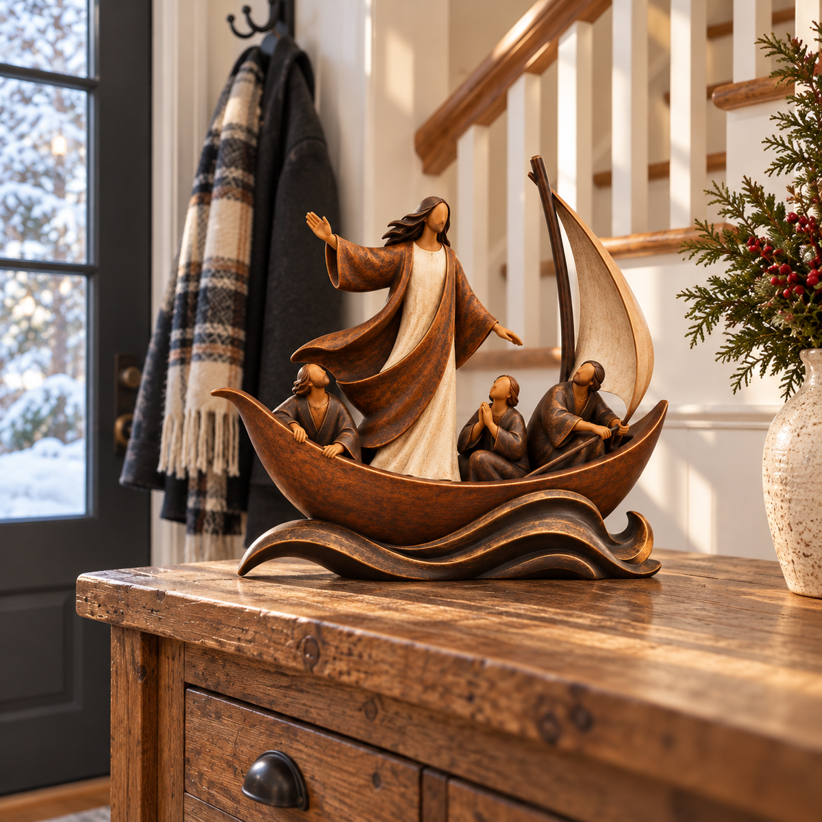 Peace in the Storm figure in a cozy home decorated for the Christmas season