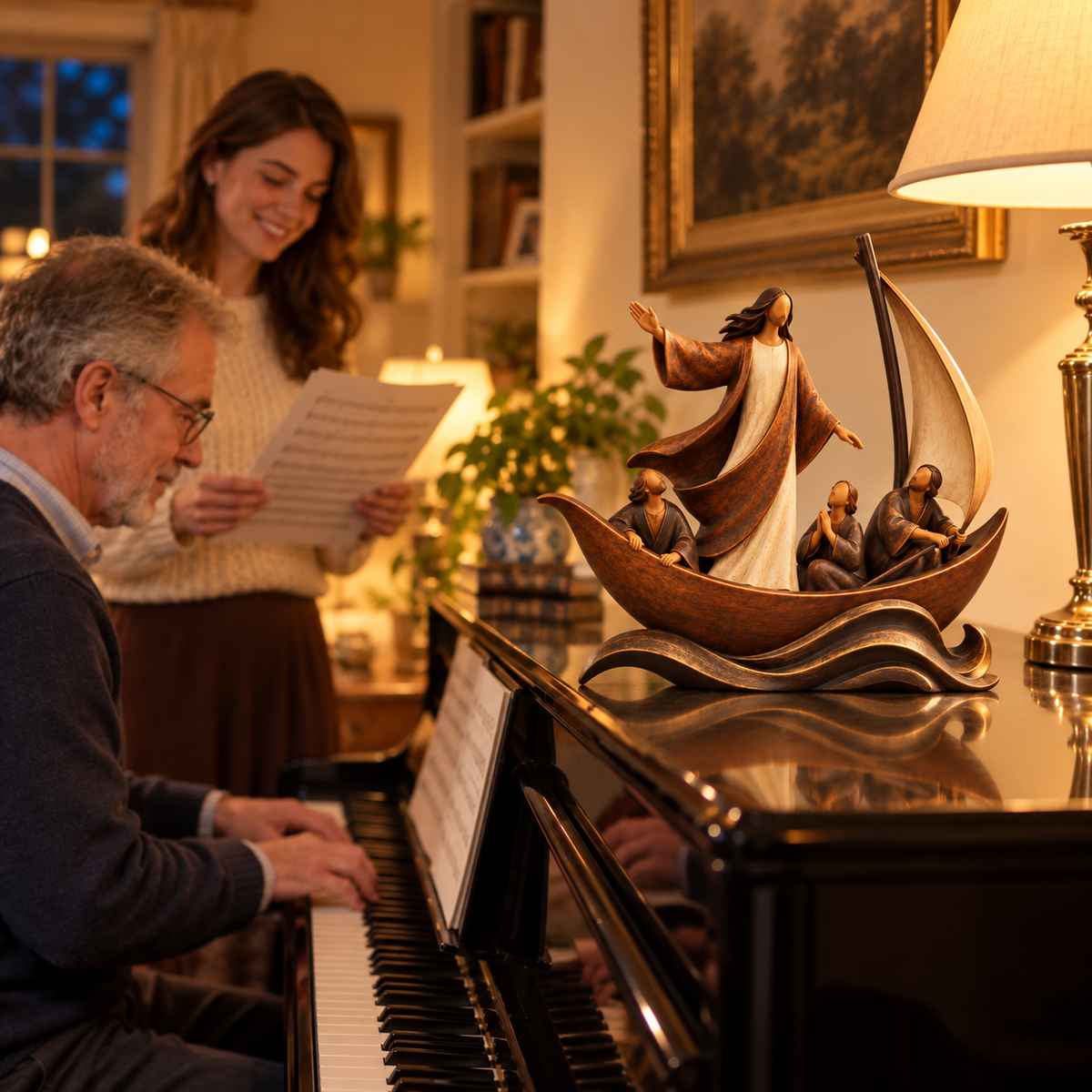 Sailboat sculpture in a welcoming home during a family moment around a piano