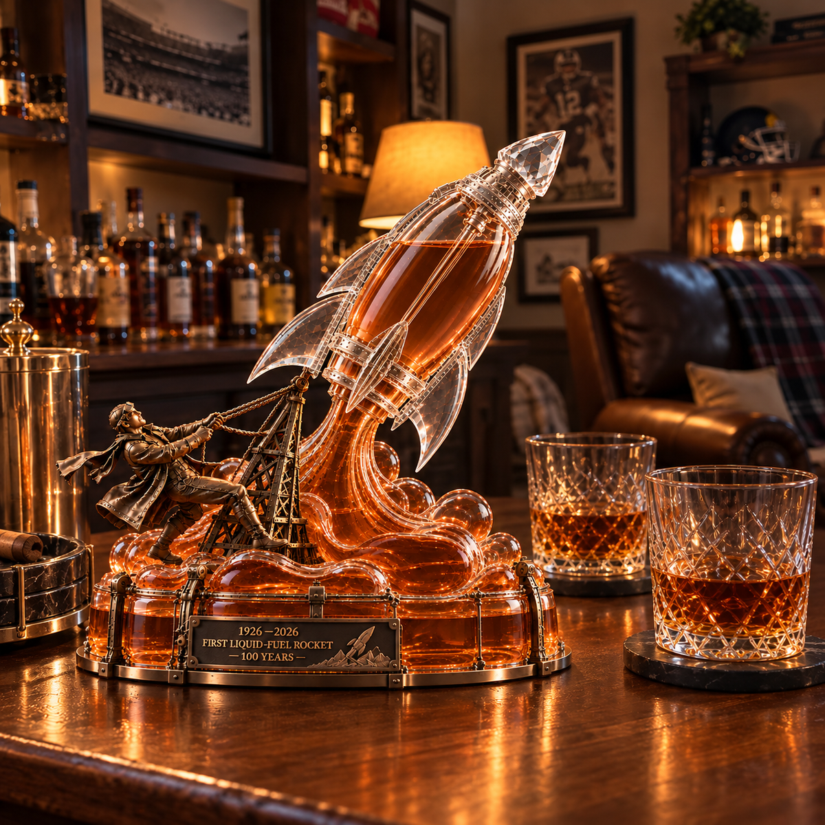 Rocket-shaped collectible whiskey bottle in a cozy home bar