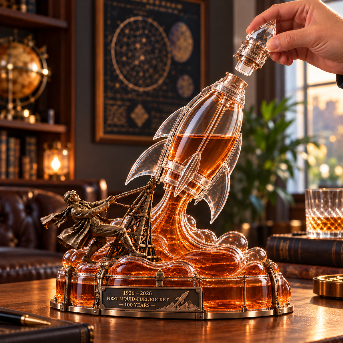 Close detail of the commemorative rocket whiskey bottle and launch figure