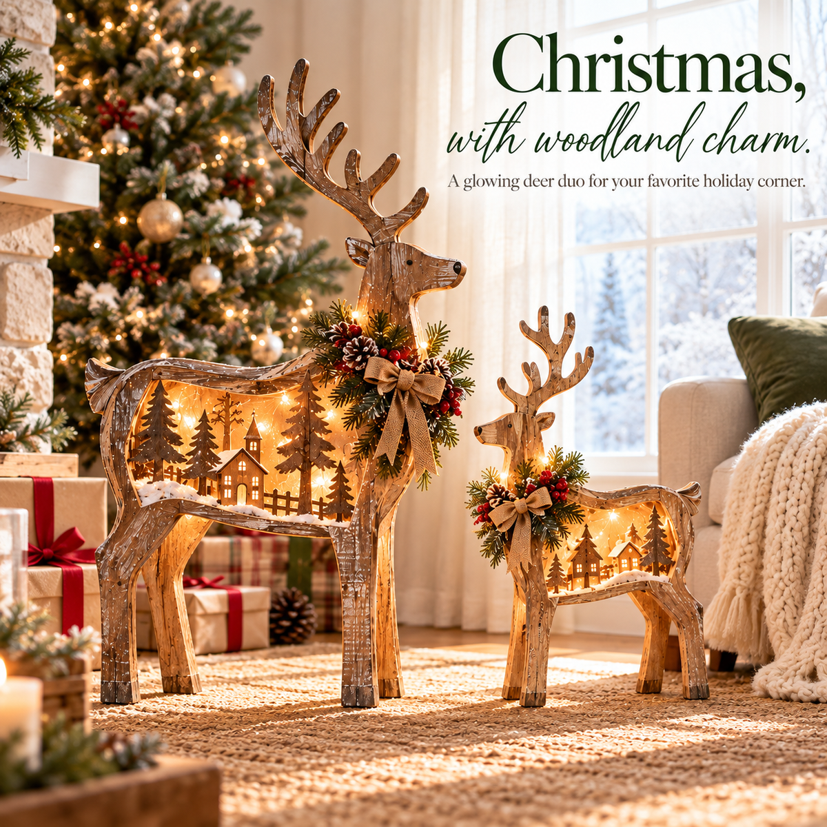 Woodland deer Christmas decoration inside a cozy festive living room