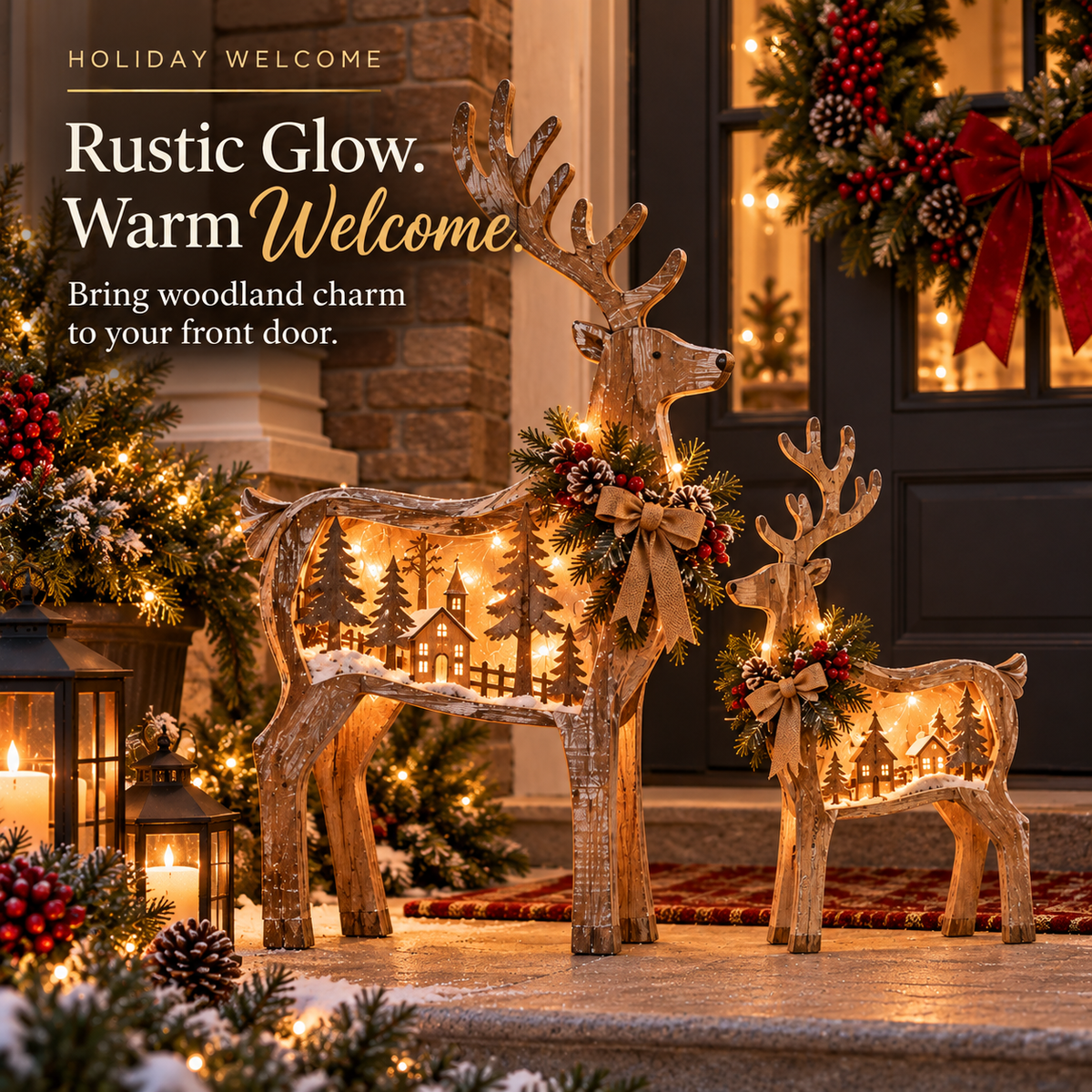 Rustic illuminated deer decorations in a festive sheltered Christmas entryway