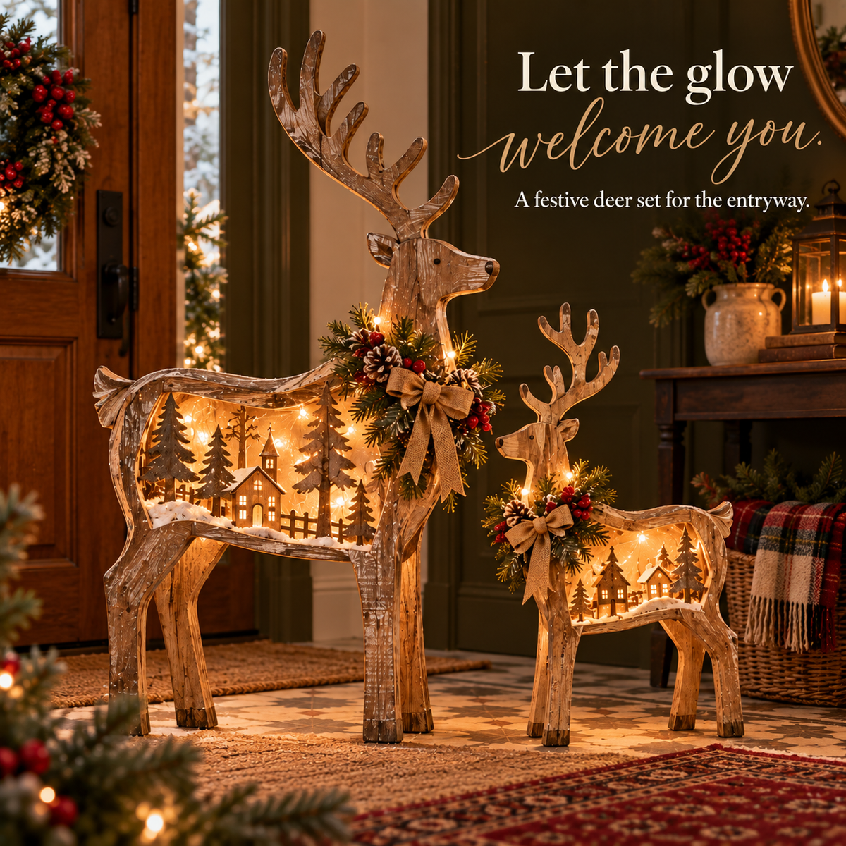Lighted woodland Christmas deer decorations with glowing winter village scenes