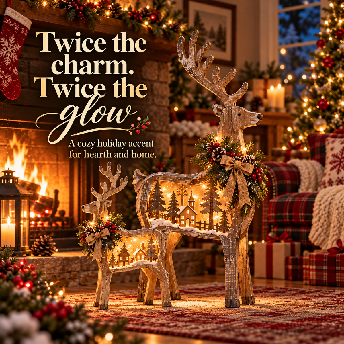 Two rustic Christmas deer displayed in a warmly decorated living room near a fireplace