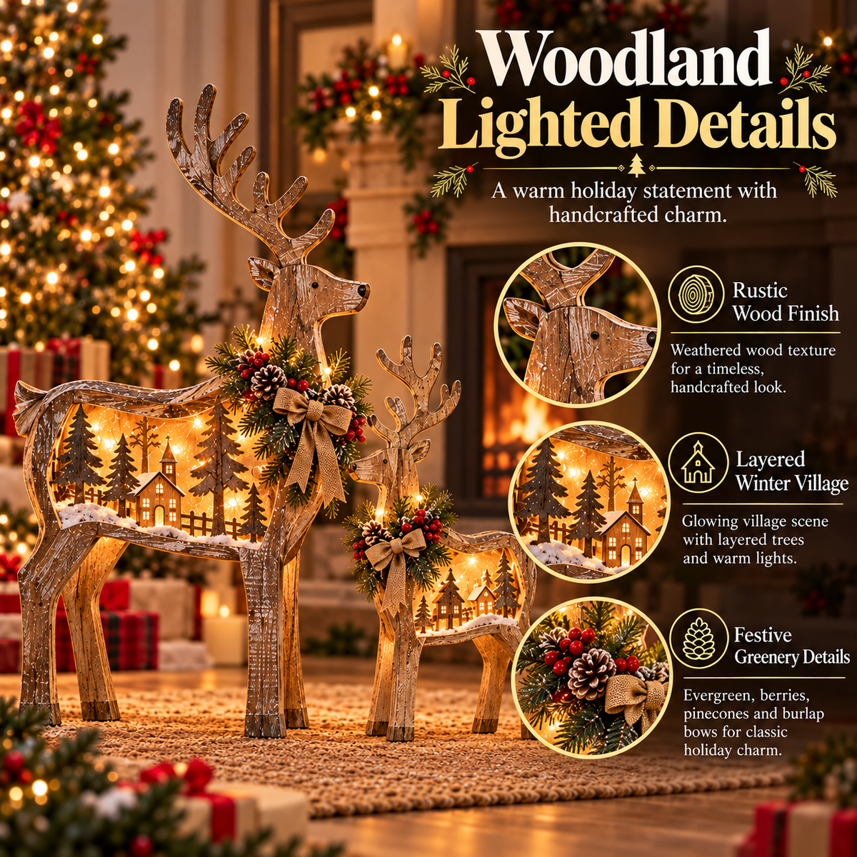 Close-up details of rustic Christmas deer, woodland cottages, evergreen wreaths and lights