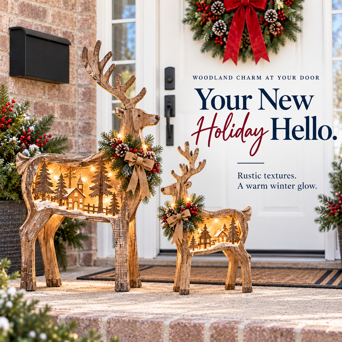 Woodland Christmas deer pair greeting visitors at a decorated front door