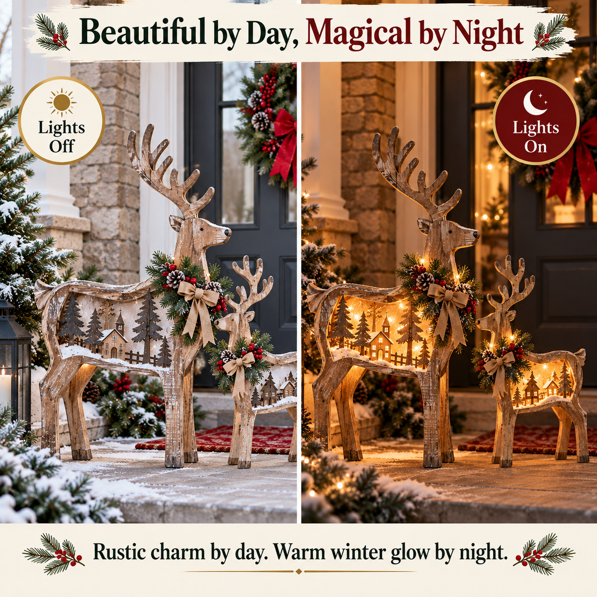 Comparison of woodland Christmas deer with lights off in daylight and lights on at night