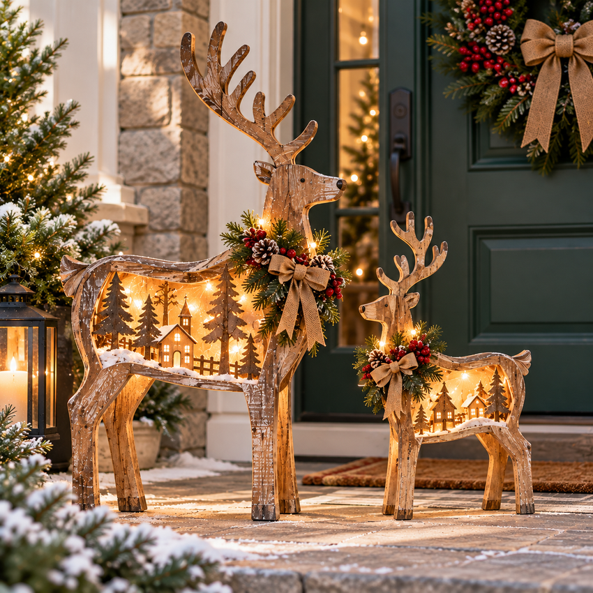 Illuminated woodland deer beside a classic green Christmas doorway