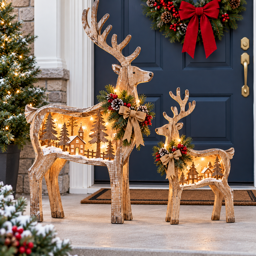Rustic woodland deer Christmas decorations against a navy front door