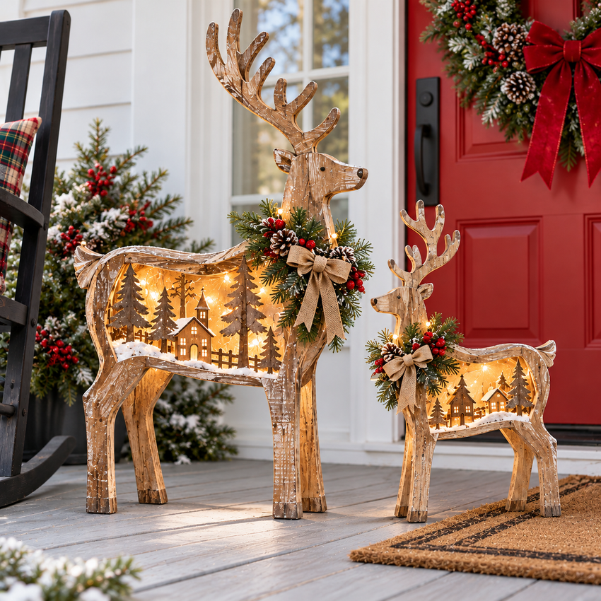 Christmas woodland deer styling outside a cheerful red front door