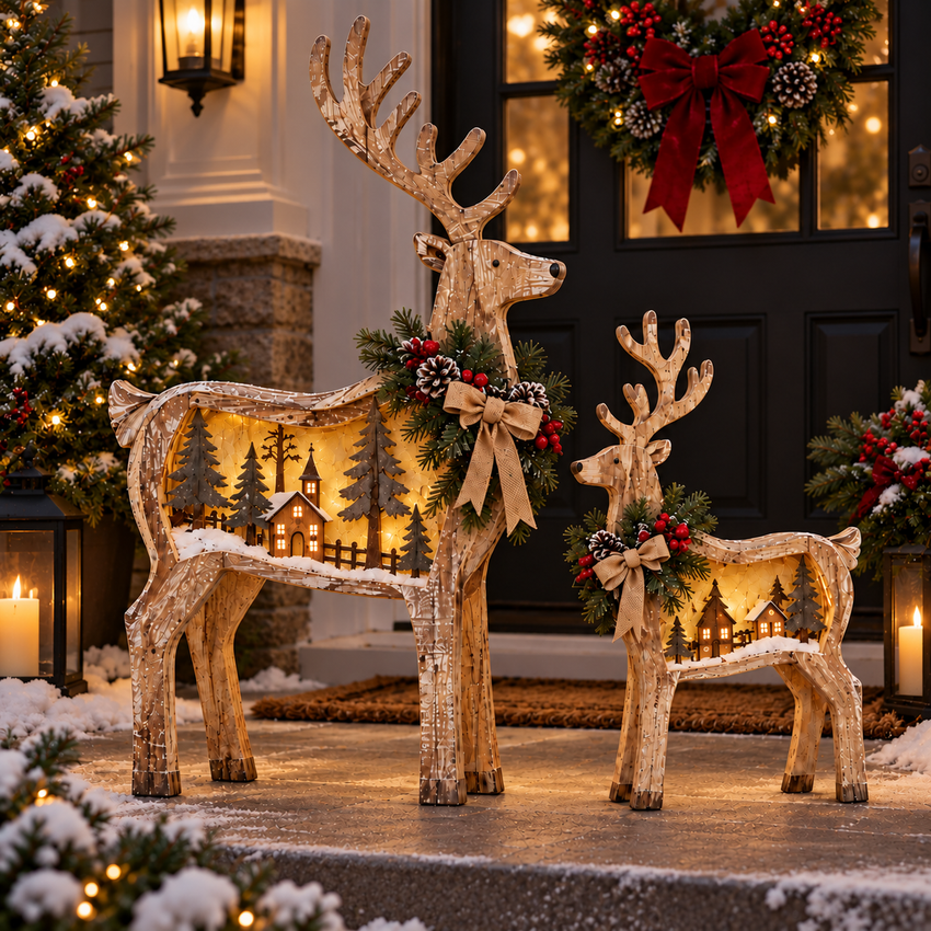 Woodland Christmas deer illuminated beside a front door during the evening