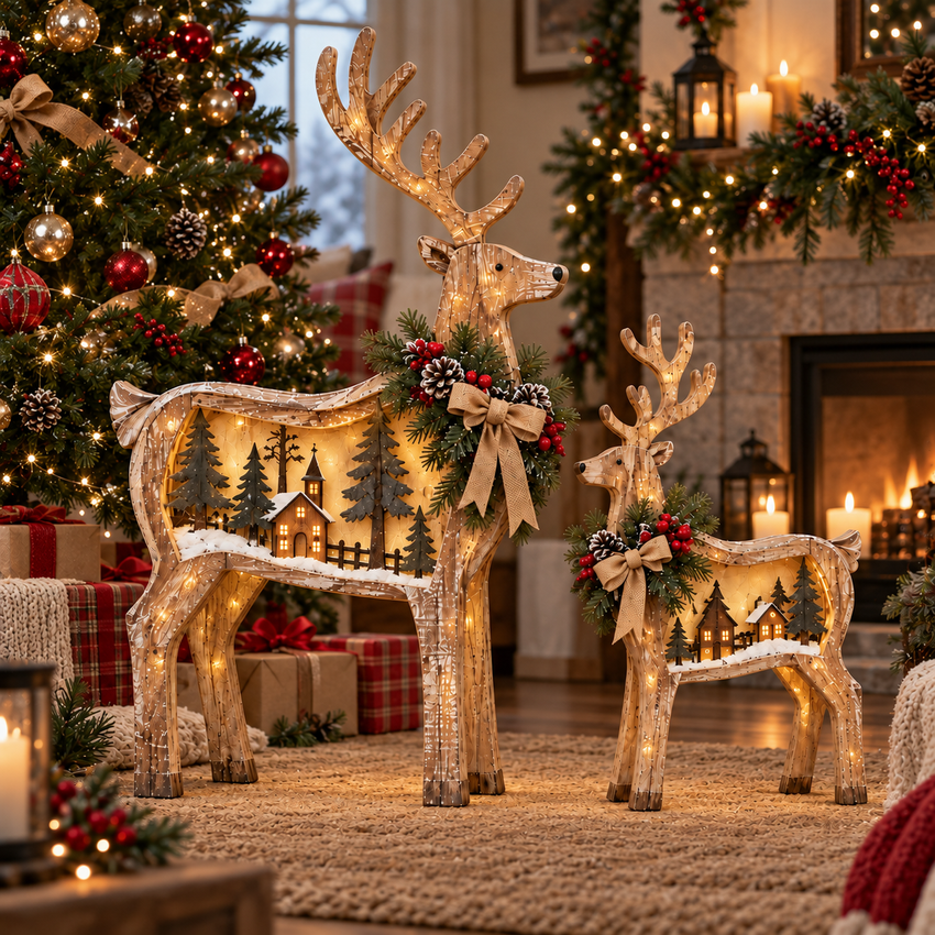 Two woodland Christmas deer decorations arranged near a Christmas tree in a family home