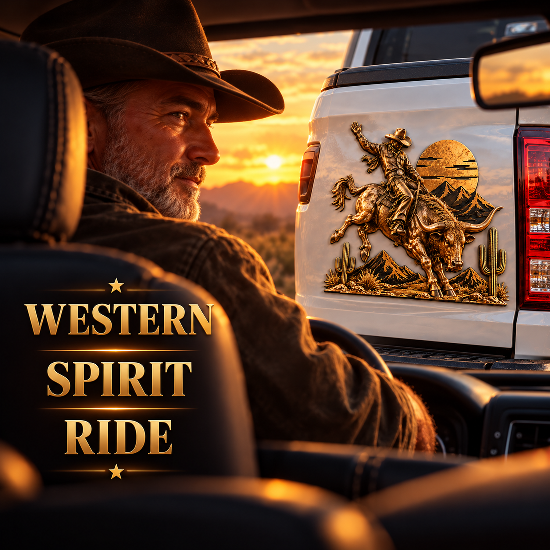 Cowboy admiring Western bull riding truck decoration