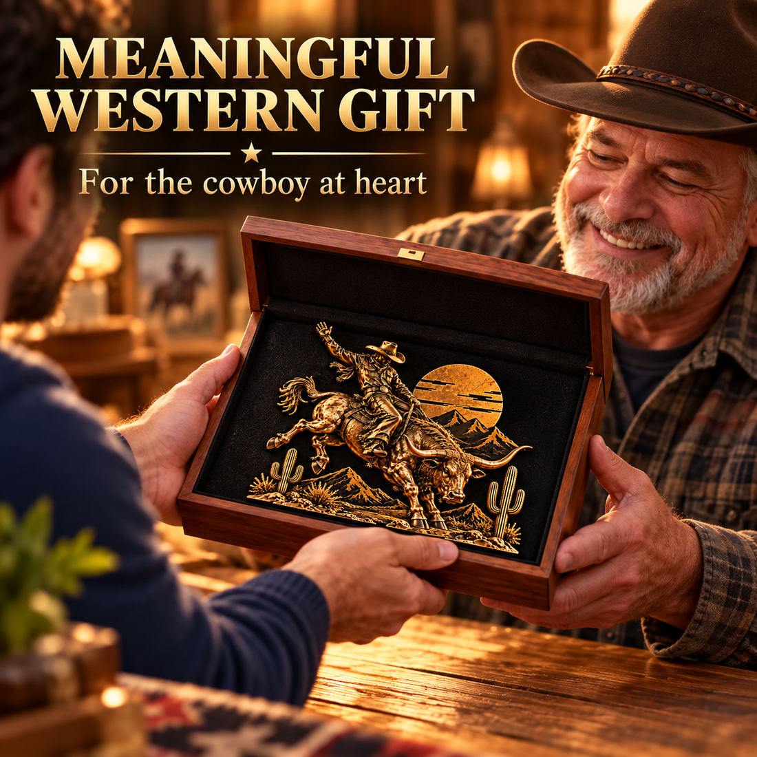 Western bull riding metal decoration presented as a gift