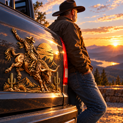 🤠🐂 Wild West Rodeo™ – 3D Metal Bull Rider Car & Truck Badge 🌵
