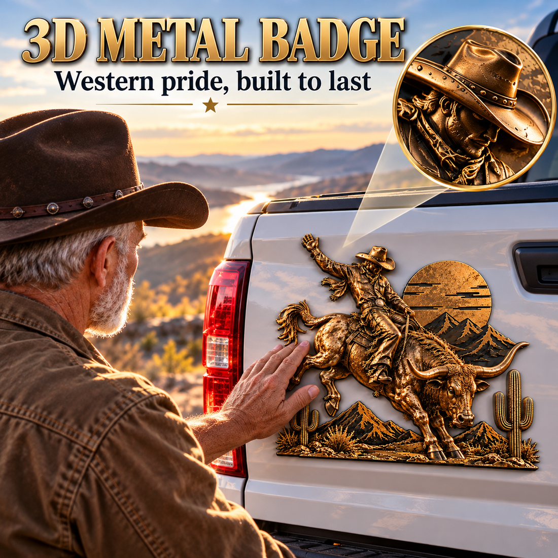 Close view of Western bull rider sculpted metal effect