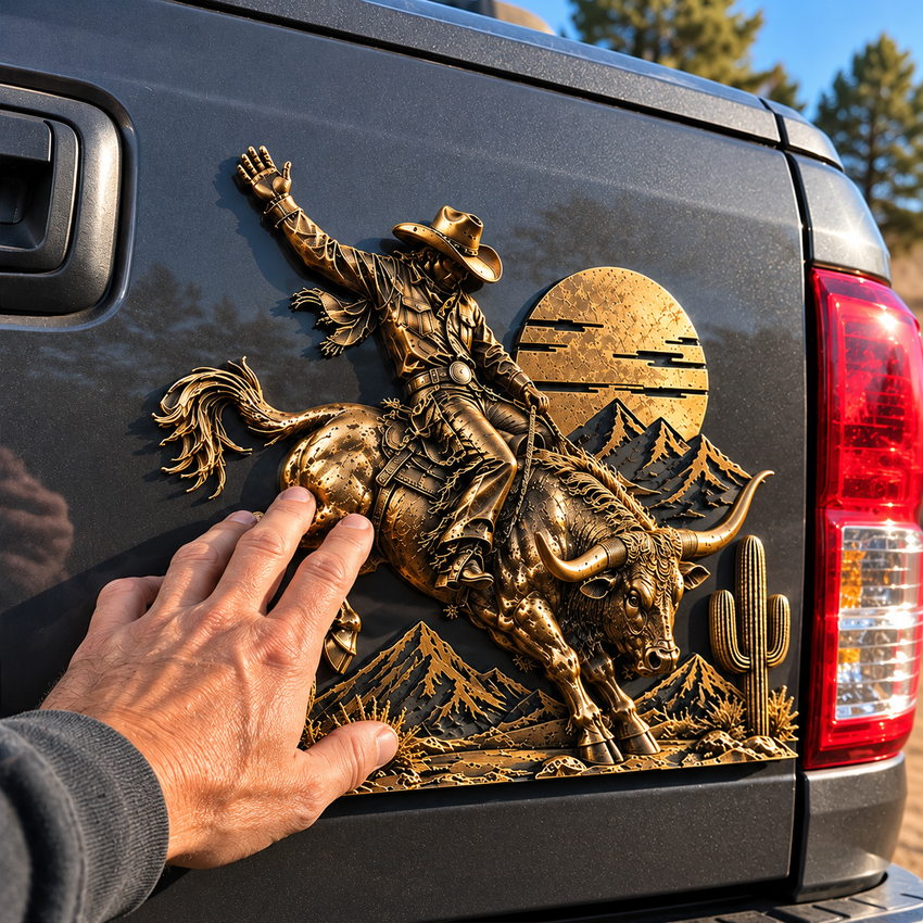 Western bull rider decoration on dark truck tailgate