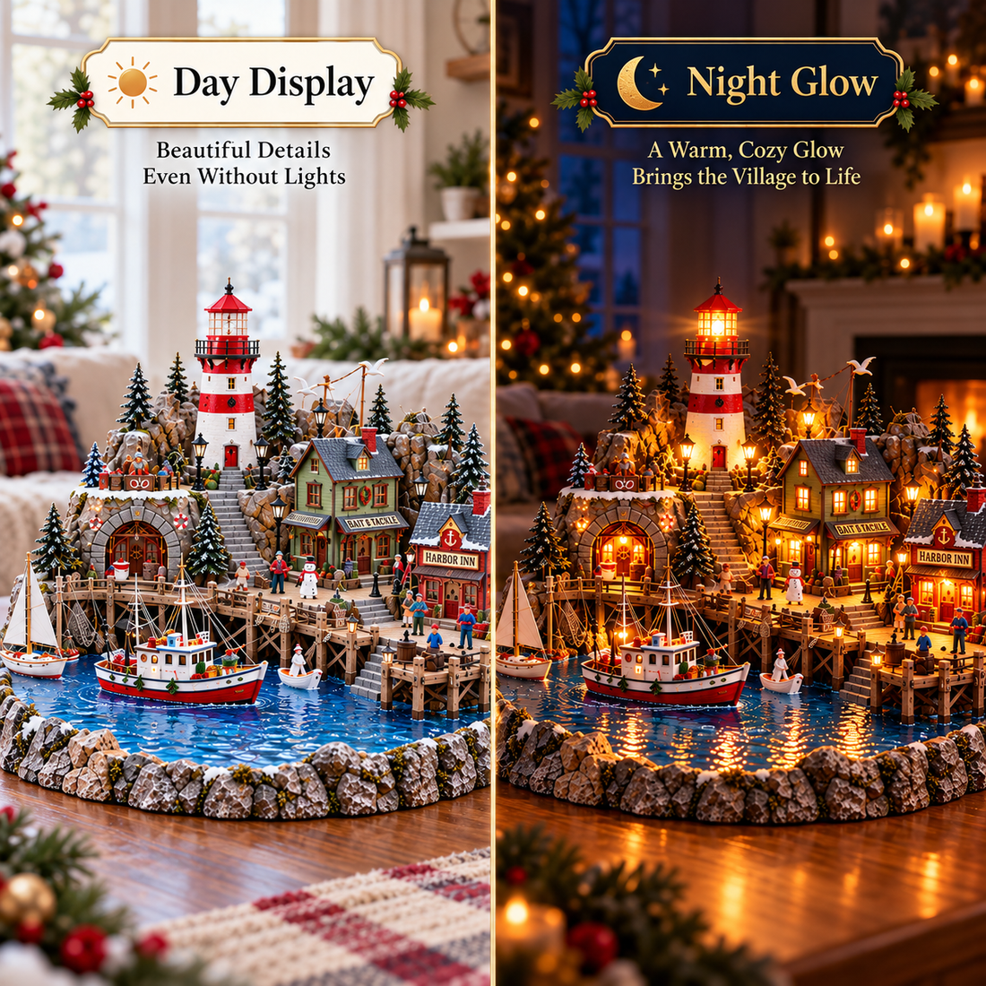 Day and night comparison of coastal holiday village