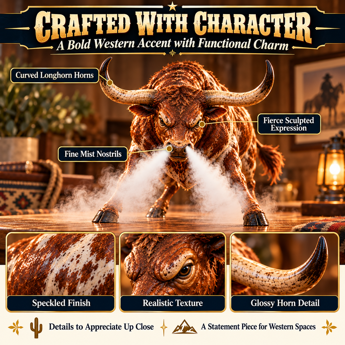 🤠🐂 Longhorn Fury™ – Mist-Breathing Bull Humidifier & Western Decor 🌵