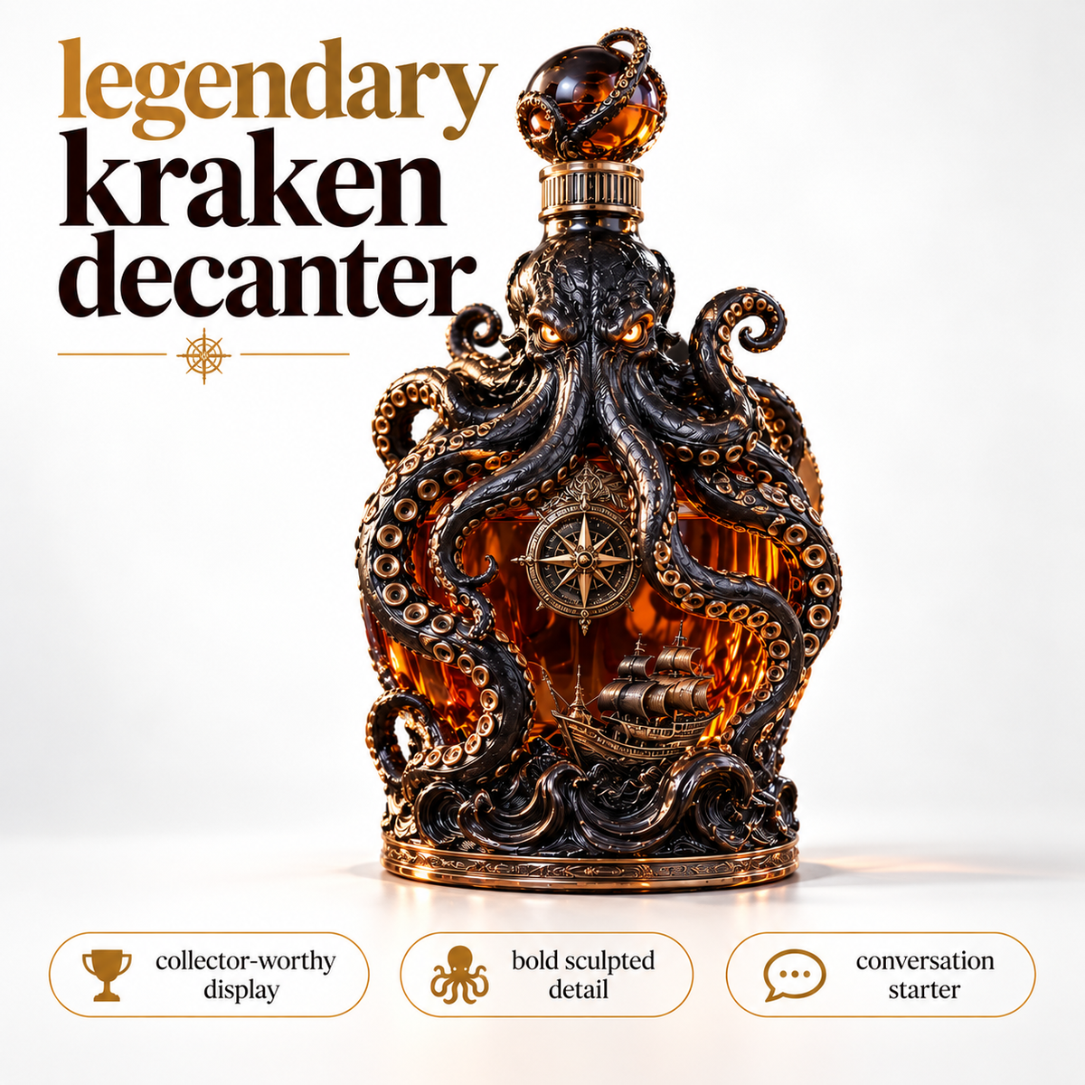 🐙Kraken Voyage Octopus Whiskey Decanter | Gothic Nautical Bar Centerpiece